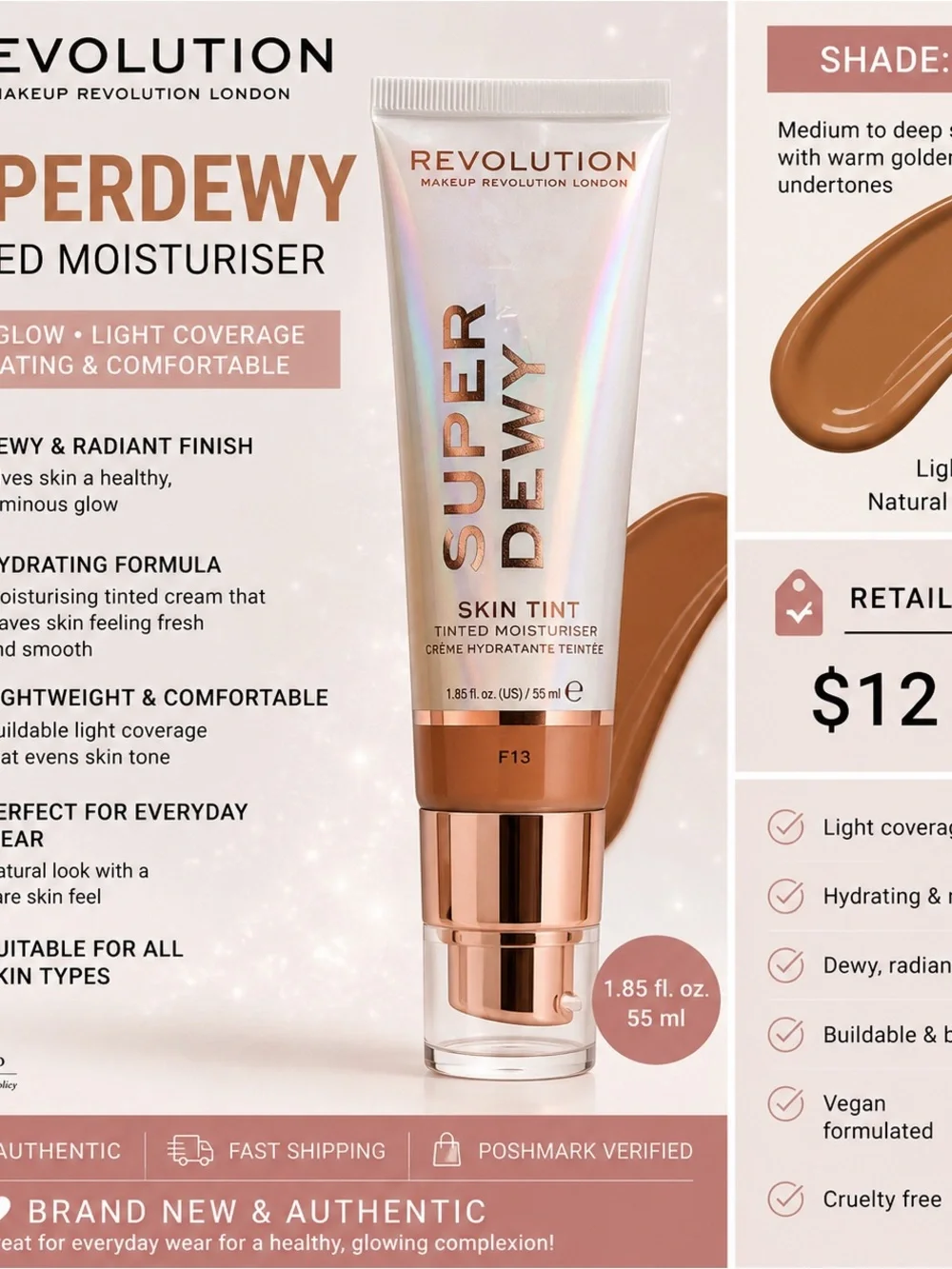 Revolution Super Dewy Skin Tint Moisturiser - F13 Light/Medium Brown